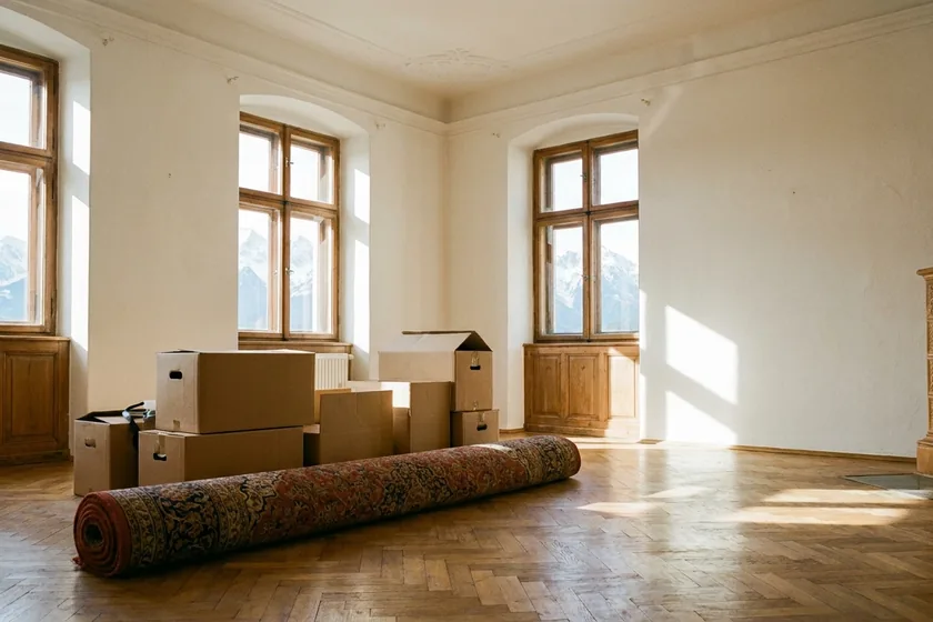 Umzugskartons in einer leeren Altbauwohnung mit Blick auf die Berge