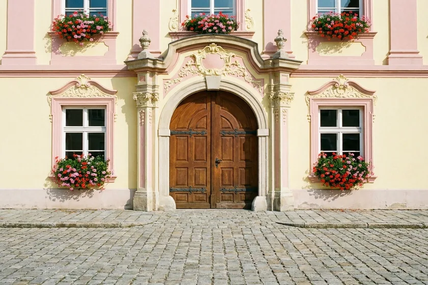 Portal eines österreichischen Gemeindeamts mit Blumenschmuck