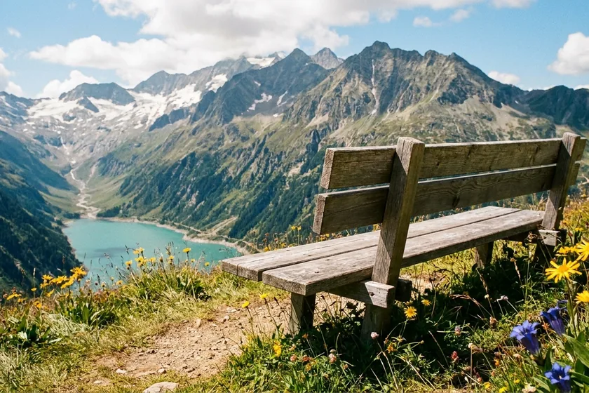 Bank auf einer Almwiese mit Blick über einen Bergsee