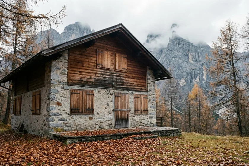 Geschlossenes Ferienhaus mit zugeklappten Fensterläden im Herbst