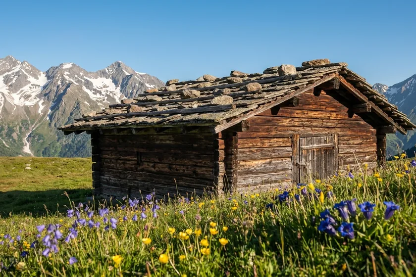 Almhütte mit Steindach auf einer Bergwiese