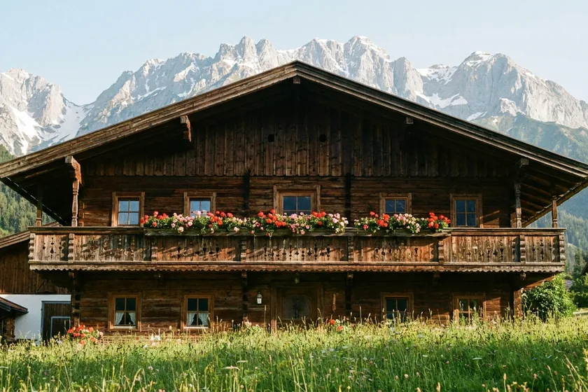 Alpenchalet mit Holzbalkon vor verschneiten Gipfeln